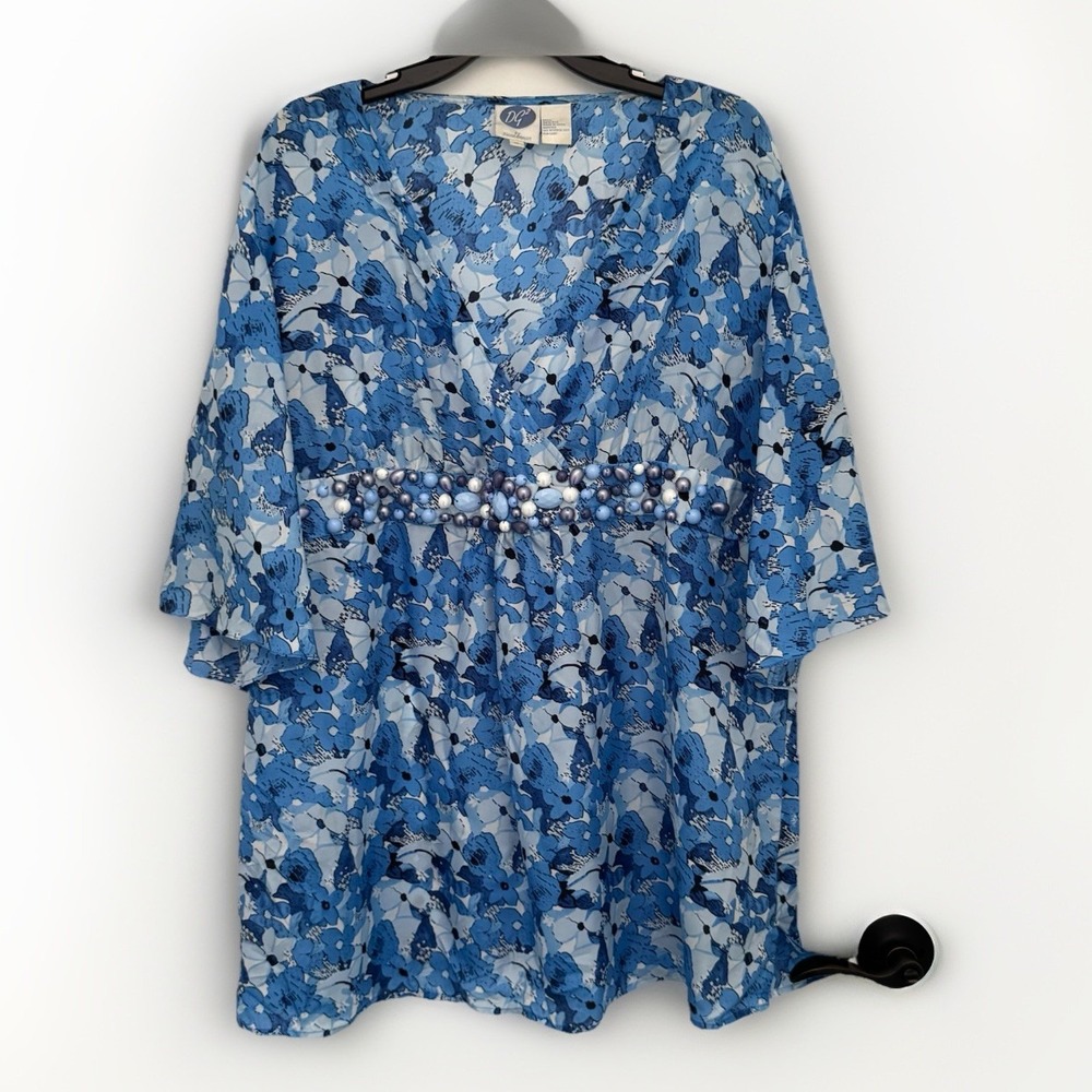 DG2 Diane Gilman Blouse Womens 1X Blue Breathable 100% Silk Beaded Artsy Tunic